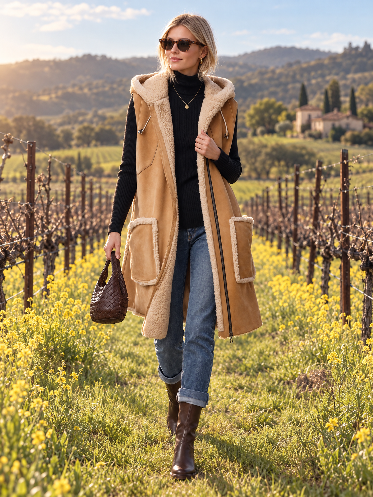 Zelda-Virginia | Women's Hooded Faux Suede Shearling-Trim Vest