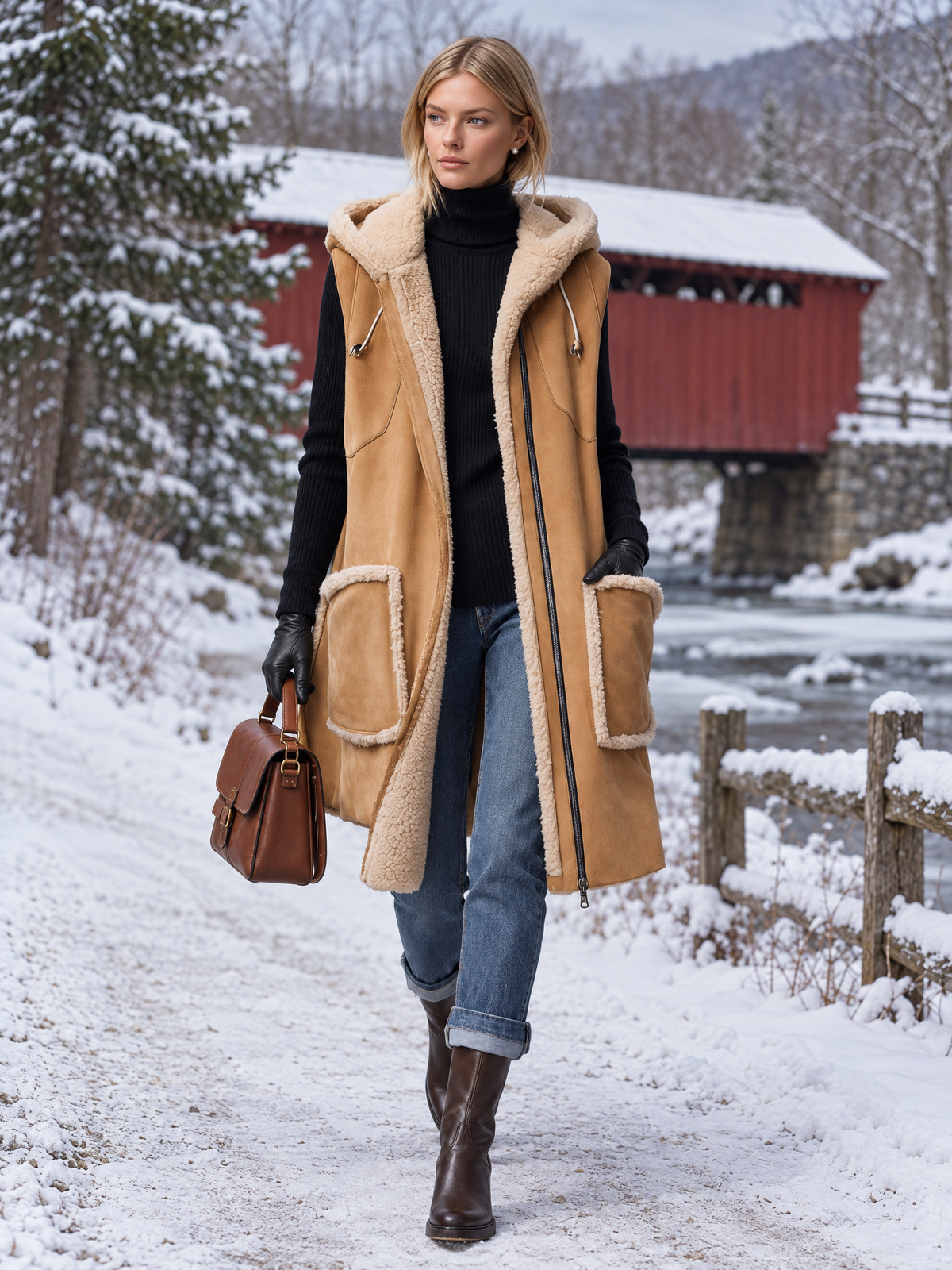 Zelda-Virginia | Women's Hooded Faux Suede Shearling-Trim Vest