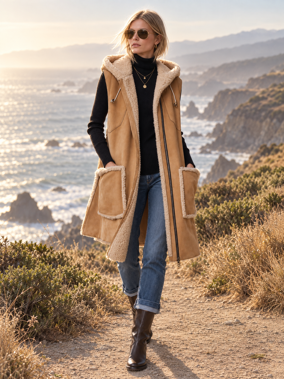 Zelda-Virginia | Women's Hooded Faux Suede Shearling-Trim Vest