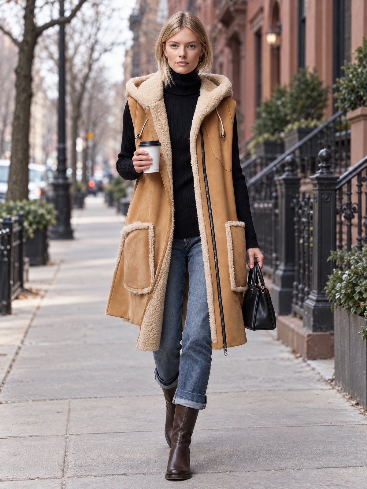 Zelda-Virginia | Women's Hooded Faux Suede Shearling-Trim Vest