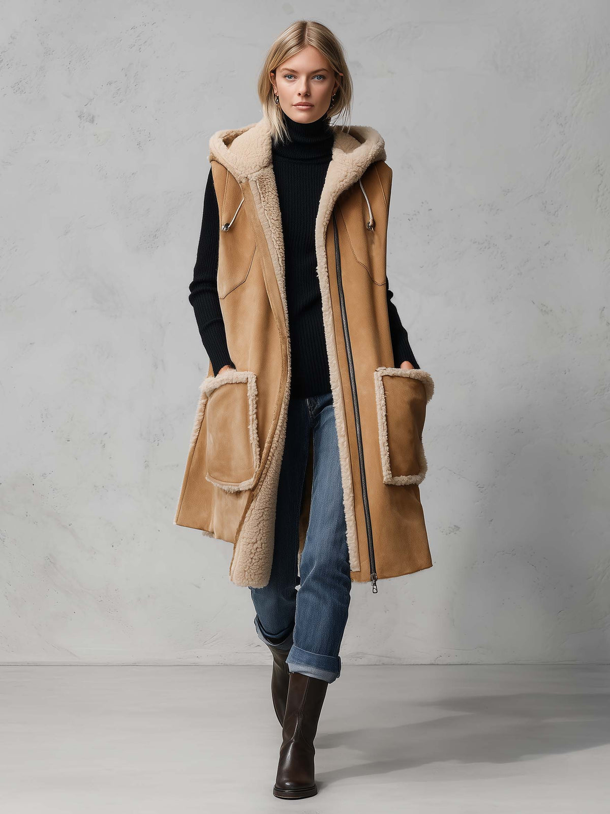 Zelda-Virginia | Women's Hooded Faux Suede Shearling-Trim Vest
