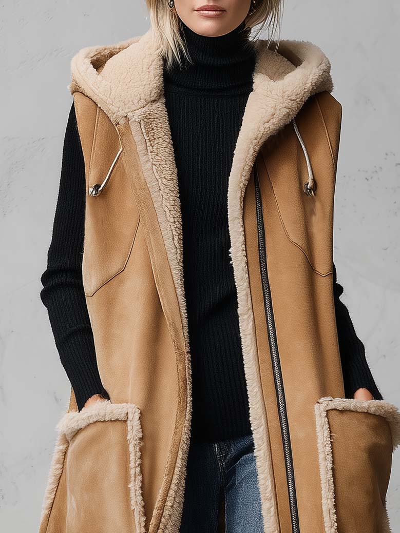 Zelda-Virginia | Women's Hooded Faux Suede Shearling-Trim Vest