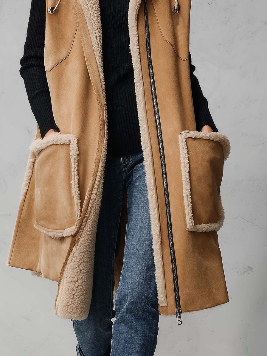 Zelda-Virginia | Women's Hooded Faux Suede Shearling-Trim Vest