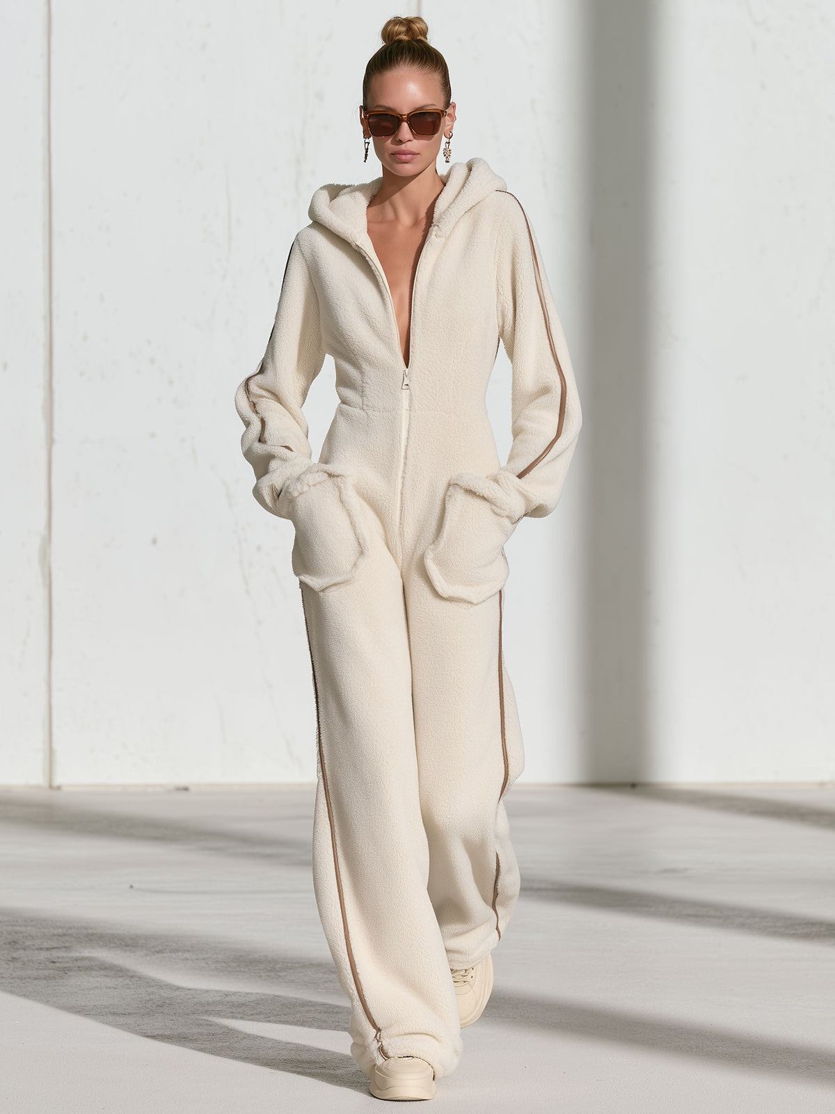 Annelise-Erna | Women's Hooded Fleece Color-Block Jumpsuit