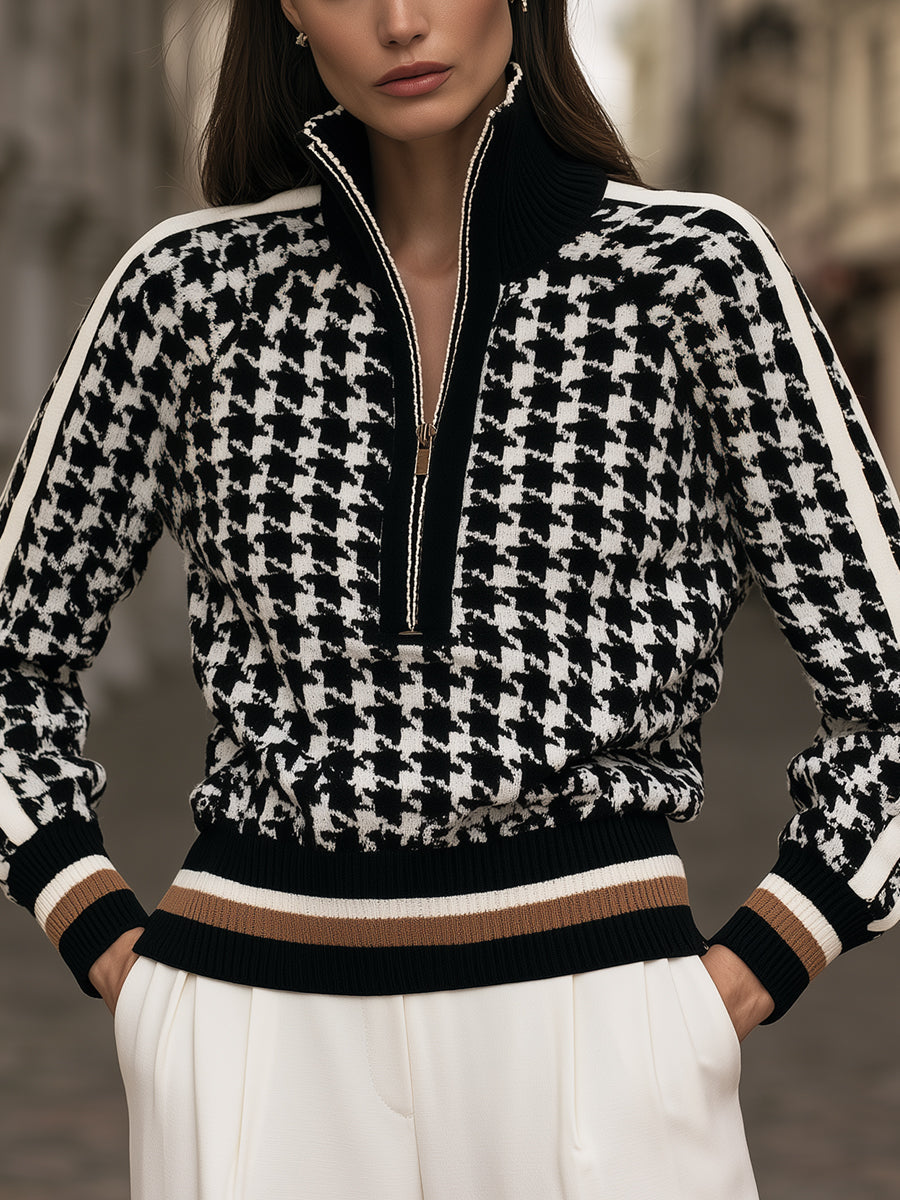 Selma-Rosemary | Women's Houndstooth Quarter-Zip Knit Sweater