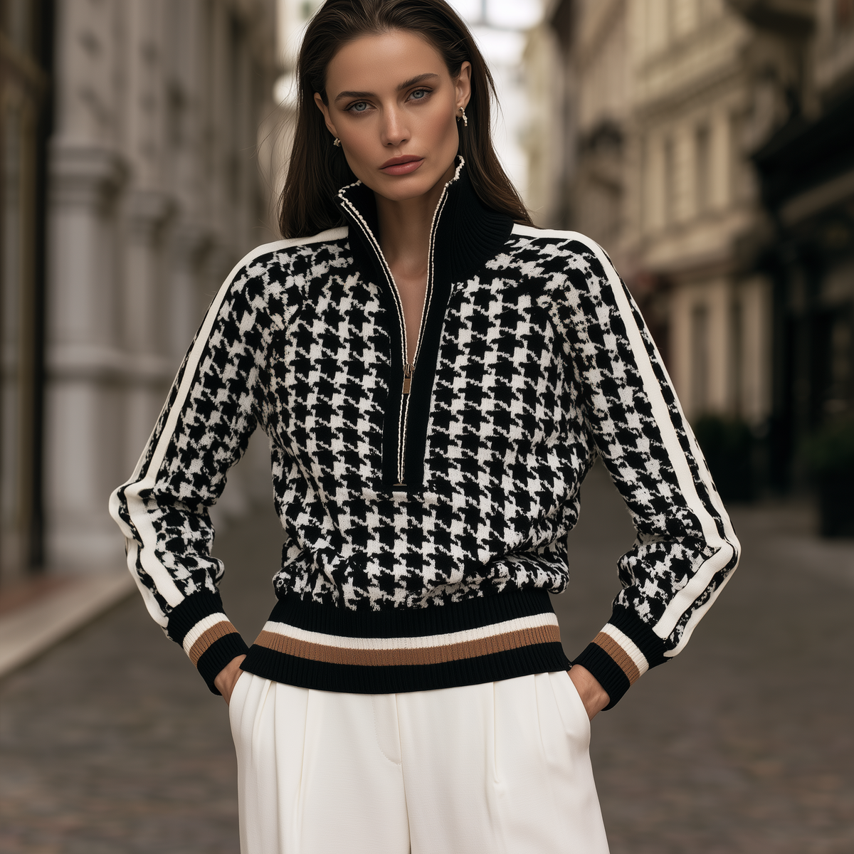 Selma-Rosemary | Women's Houndstooth Quarter-Zip Knit Sweater