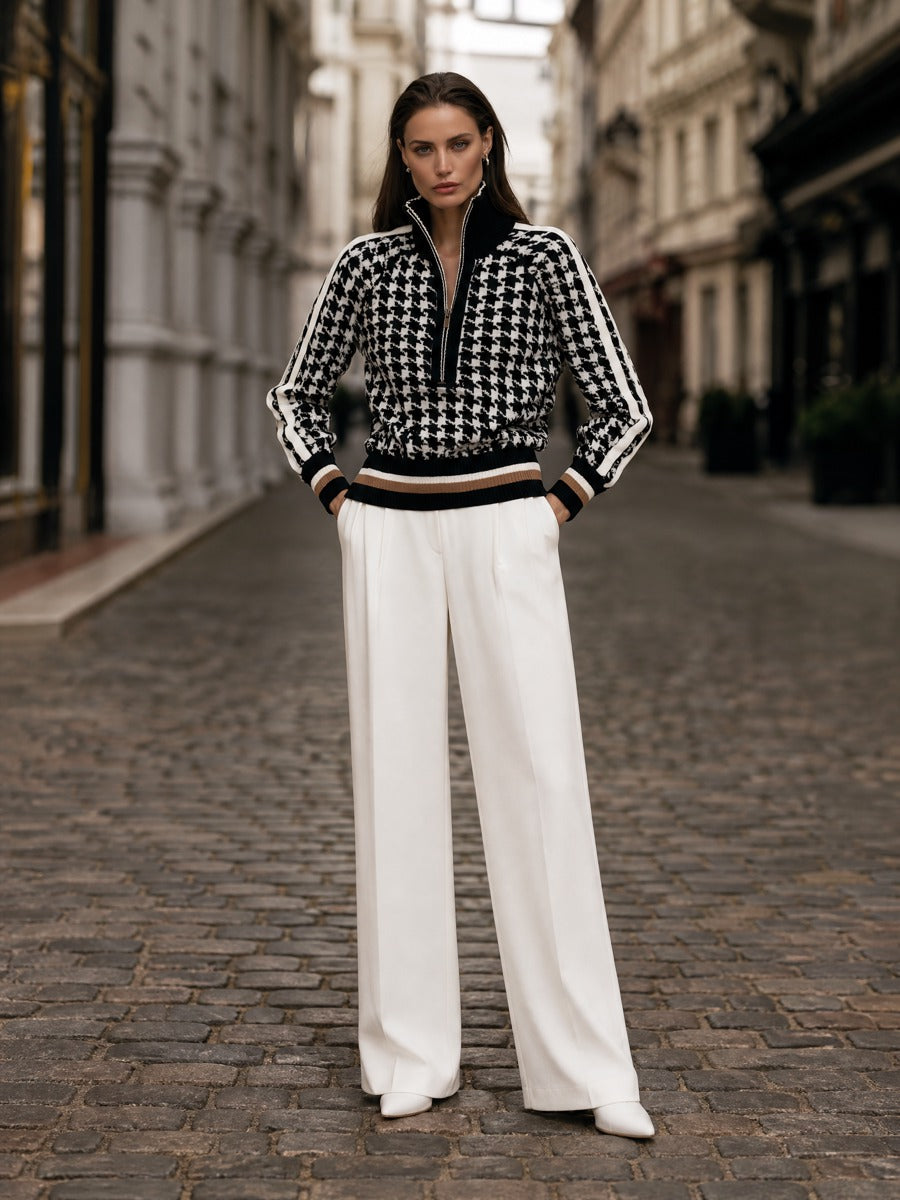 Selma-Rosemary | Women's Houndstooth Quarter-Zip Knit Sweater