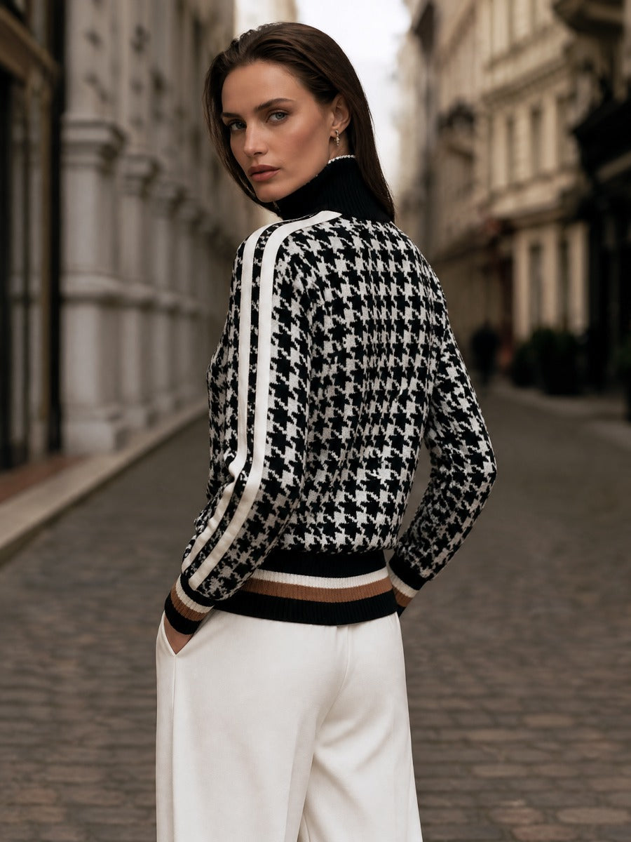 Selma-Rosemary | Women's Houndstooth Quarter-Zip Knit Sweater