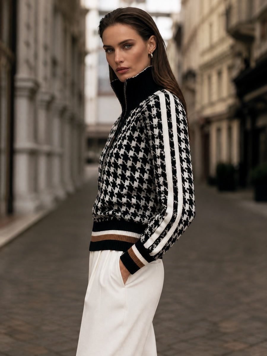 Selma-Rosemary | Women's Houndstooth Quarter-Zip Knit Sweater