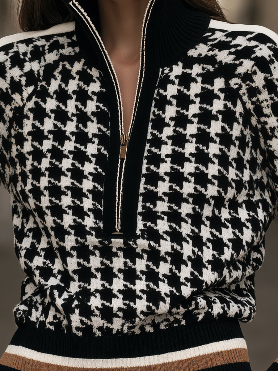Selma-Rosemary | Women's Houndstooth Quarter-Zip Knit Sweater
