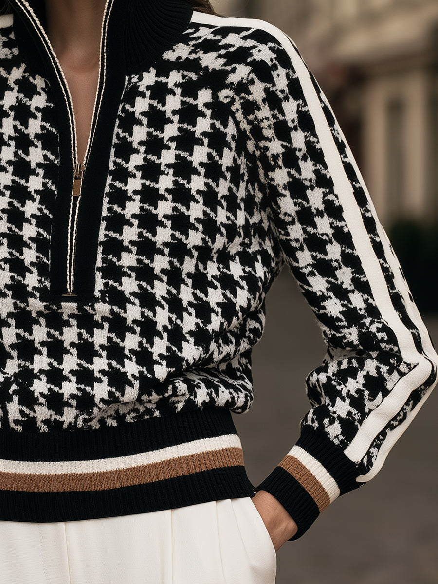 Selma-Rosemary | Women's Houndstooth Quarter-Zip Knit Sweater