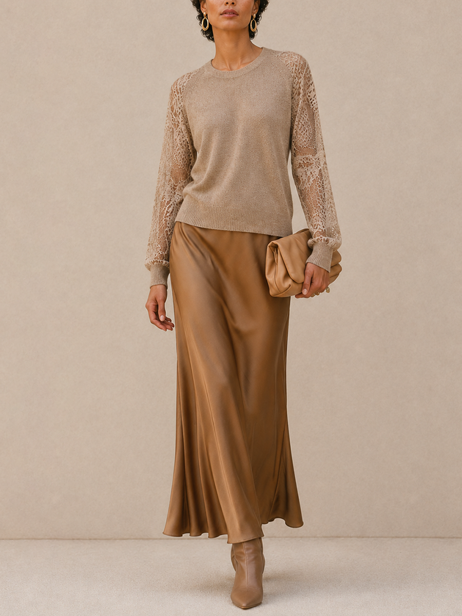 Leonora | Women's Lace-Sleeve Knit Sweater & Satin Midi Skirt Set