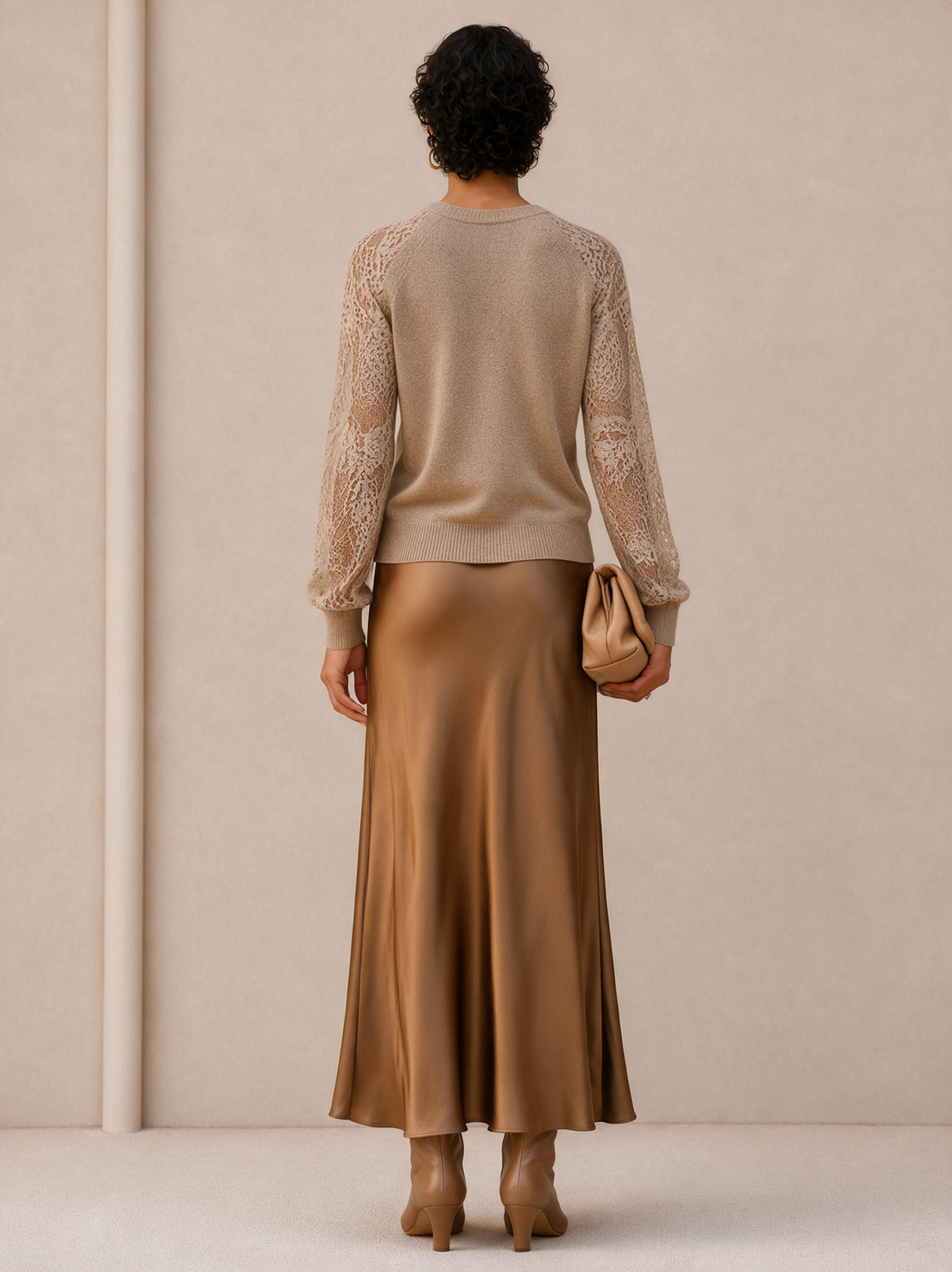 Leonora | Women's Lace-Sleeve Knit Sweater & Satin Midi Skirt Set