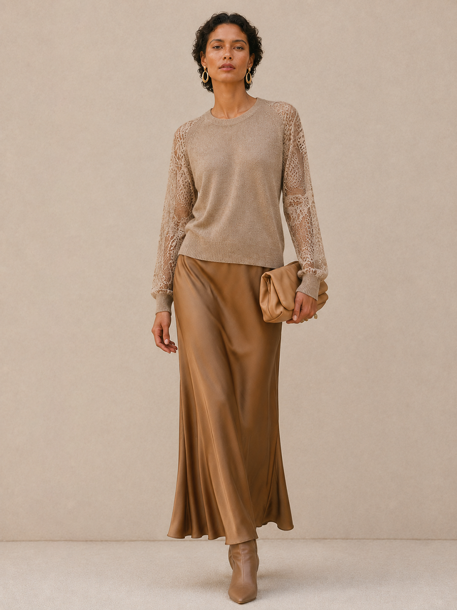 Leonora | Women's Lace-Sleeve Knit Sweater & Satin Midi Skirt Set