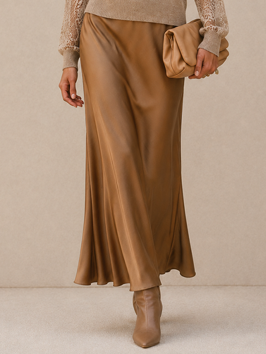 Leonora | Women's Lace-Sleeve Knit Sweater & Satin Midi Skirt Set