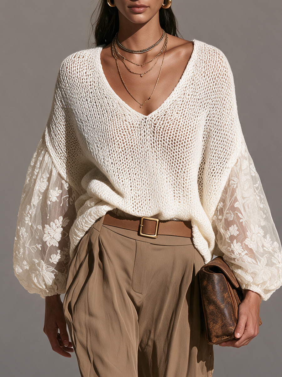 Flora-Tamara | Women's Lace-Sleeve Open-Knit Relaxed Top