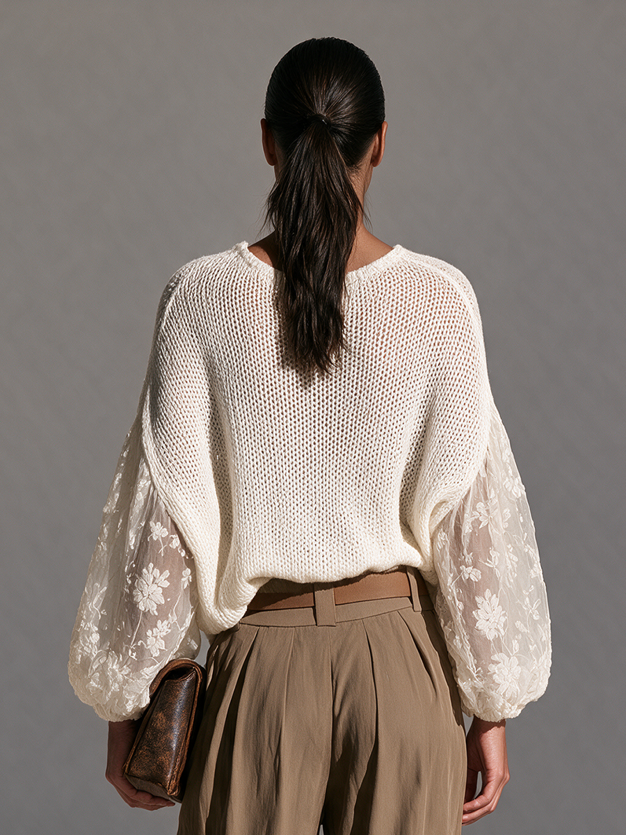 Flora-Tamara | Women's Lace-Sleeve Open-Knit Relaxed Top
