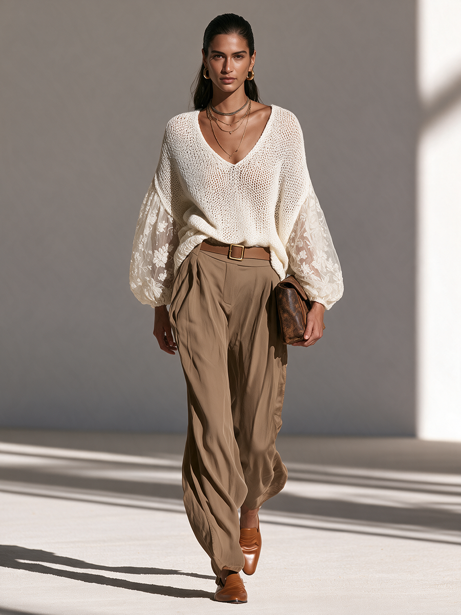 Flora-Tamara | Women's Lace-Sleeve Open-Knit Relaxed Top
