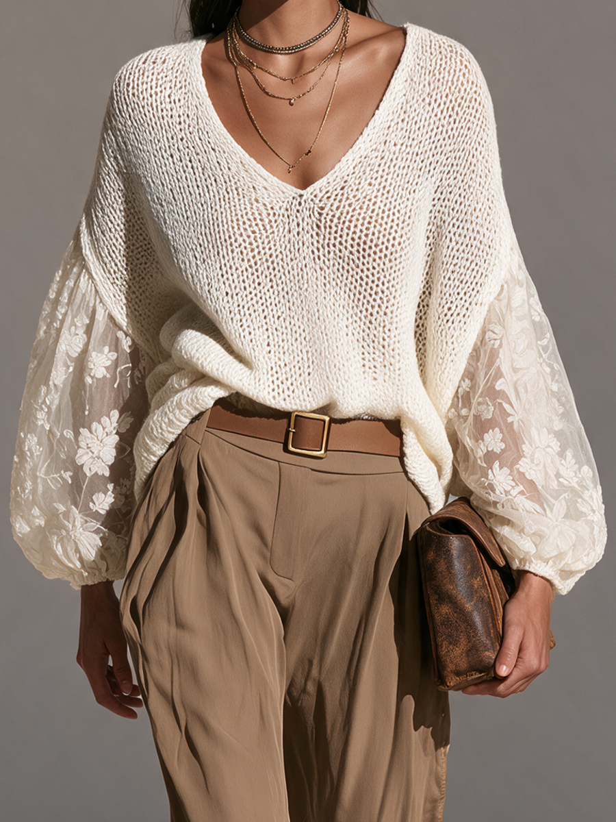 Flora-Tamara | Women's Lace-Sleeve Open-Knit Relaxed Top