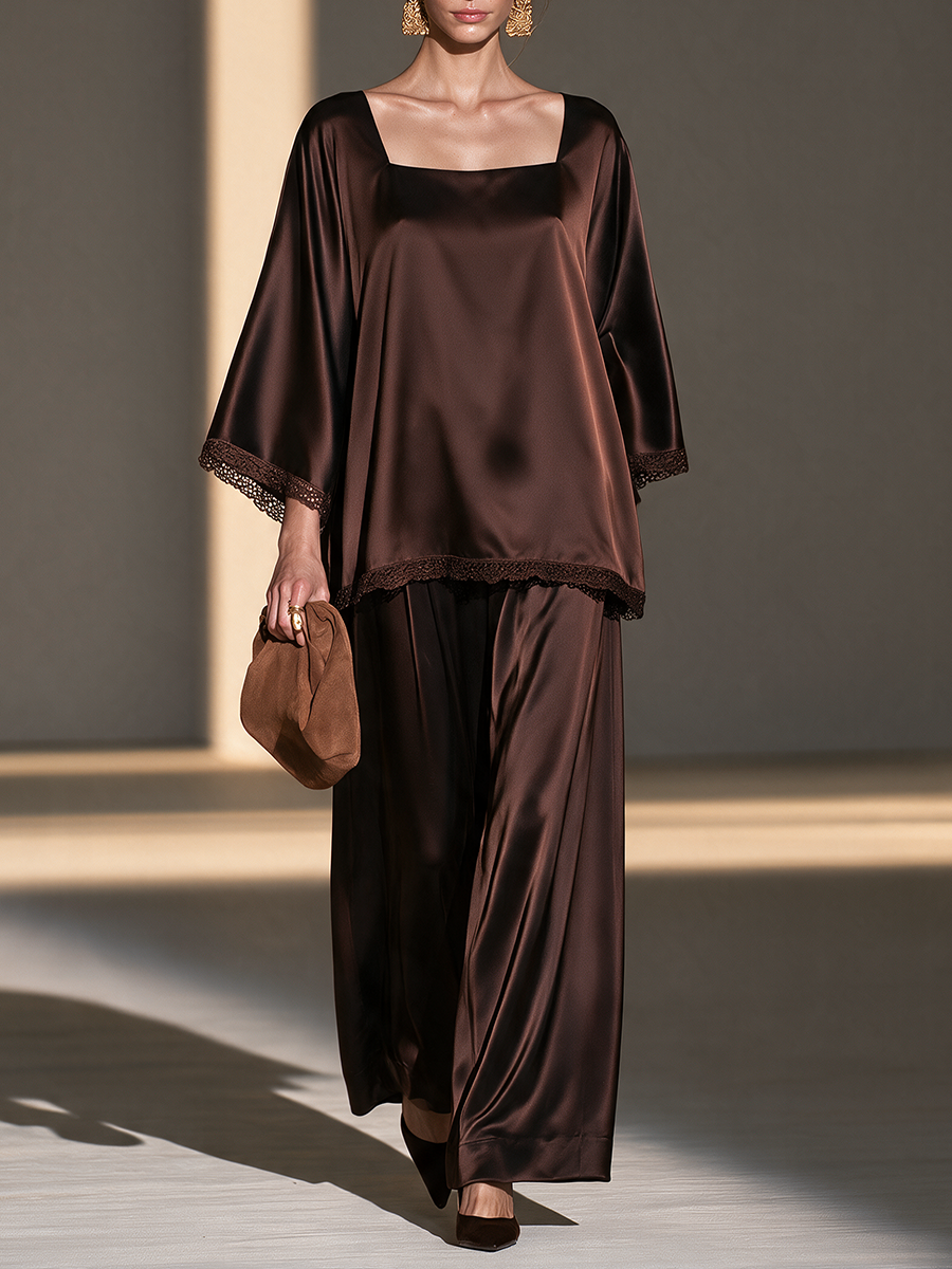 Yvonne | Women's Lace-Trim Satin Top and Wide-Leg Pants Set