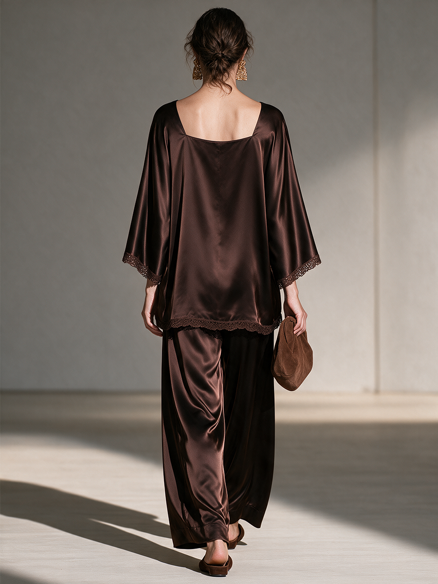 Yvonne | Women's Lace-Trim Satin Top and Wide-Leg Pants Set