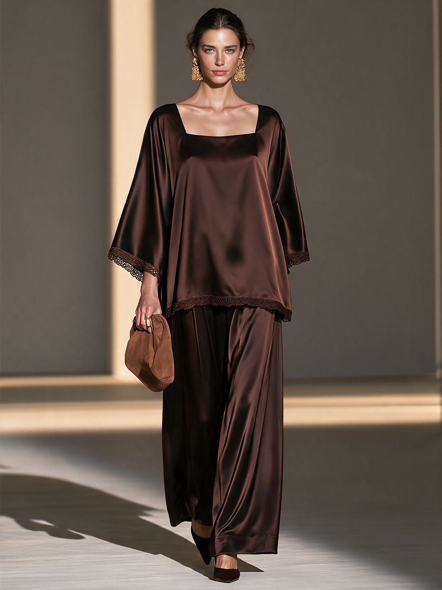 Yvonne | Women's Lace-Trim Satin Top and Wide-Leg Pants Set