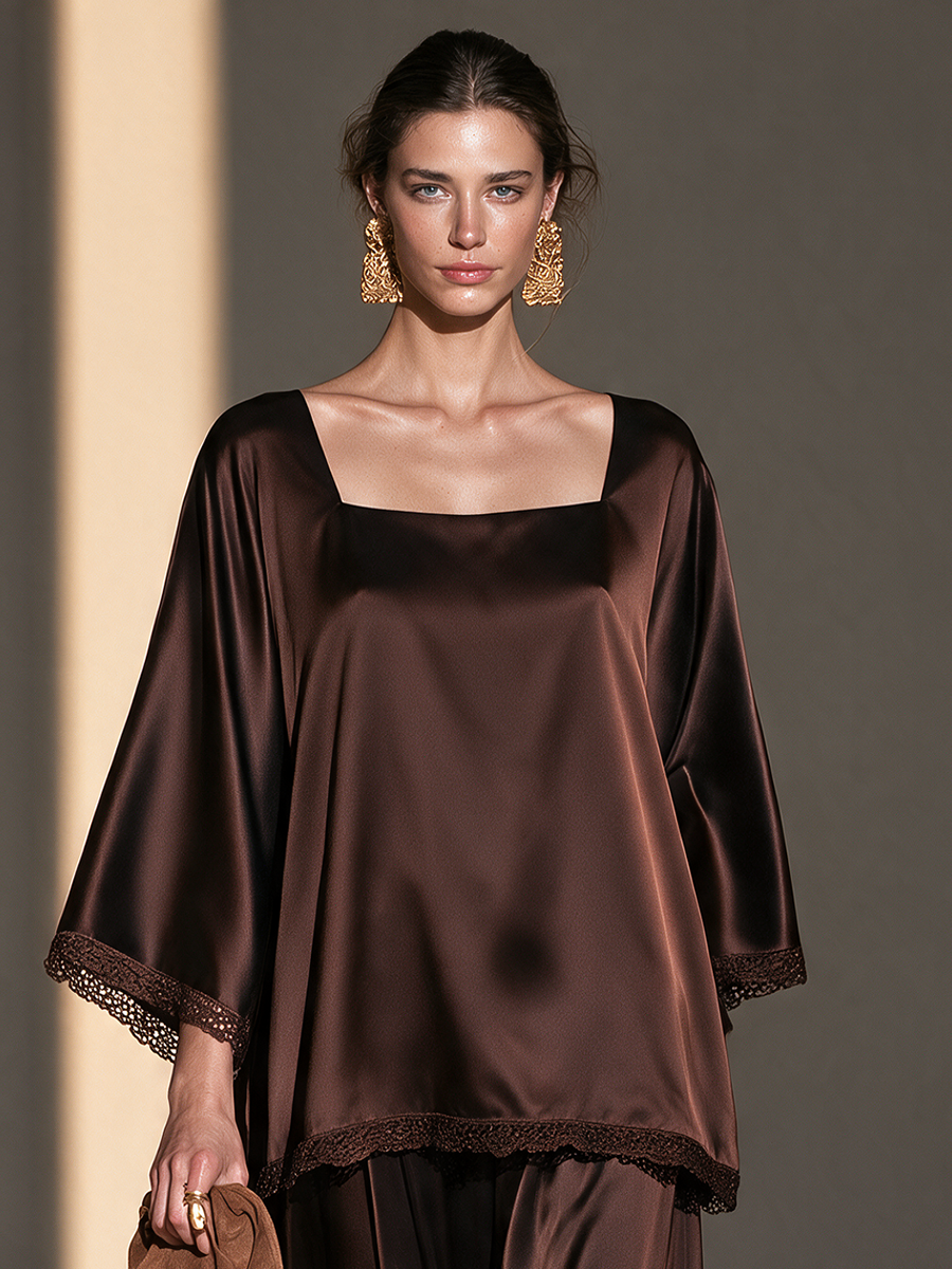 Yvonne | Women's Lace-Trim Satin Top and Wide-Leg Pants Set