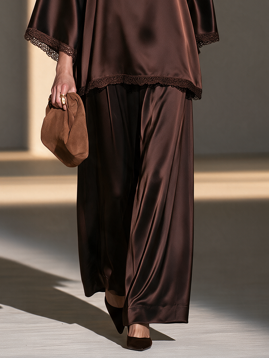 Yvonne | Women's Lace-Trim Satin Top and Wide-Leg Pants Set