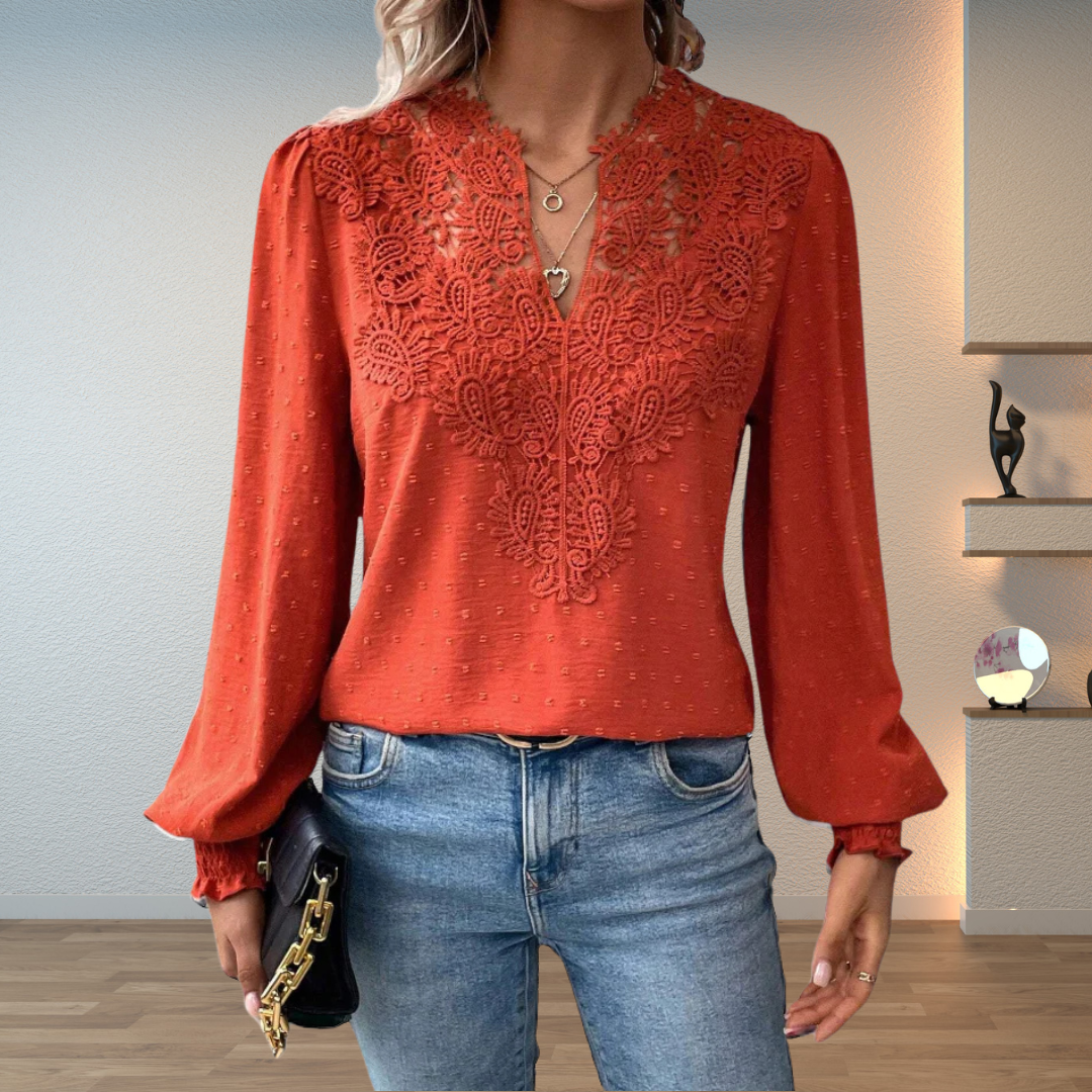 Rosemary-Nora | Women's Lace V-Neck Long-Sleeve Chiffon Top