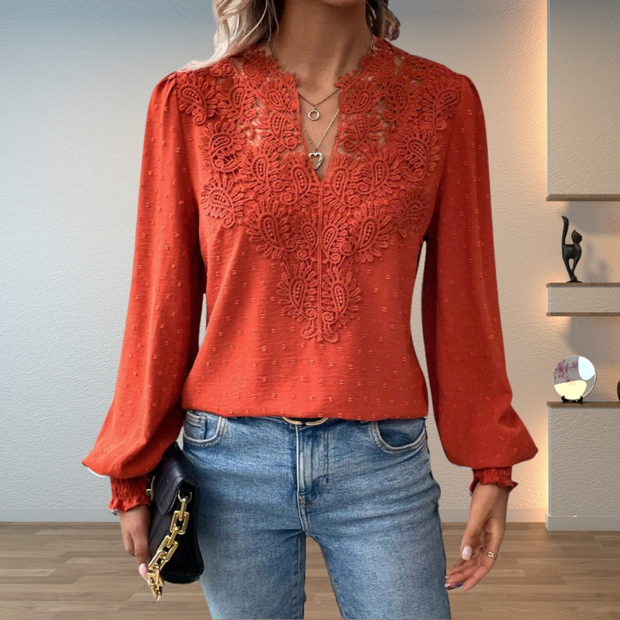 Rosemary-Nora | Women's Lace V-Neck Long-Sleeve Chiffon Top