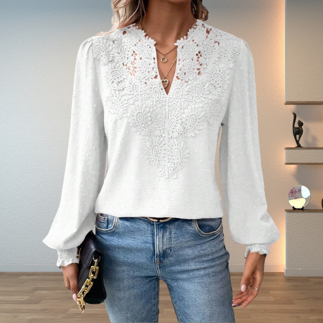 Rosemary-Nora | Women's Lace V-Neck Long-Sleeve Chiffon Top