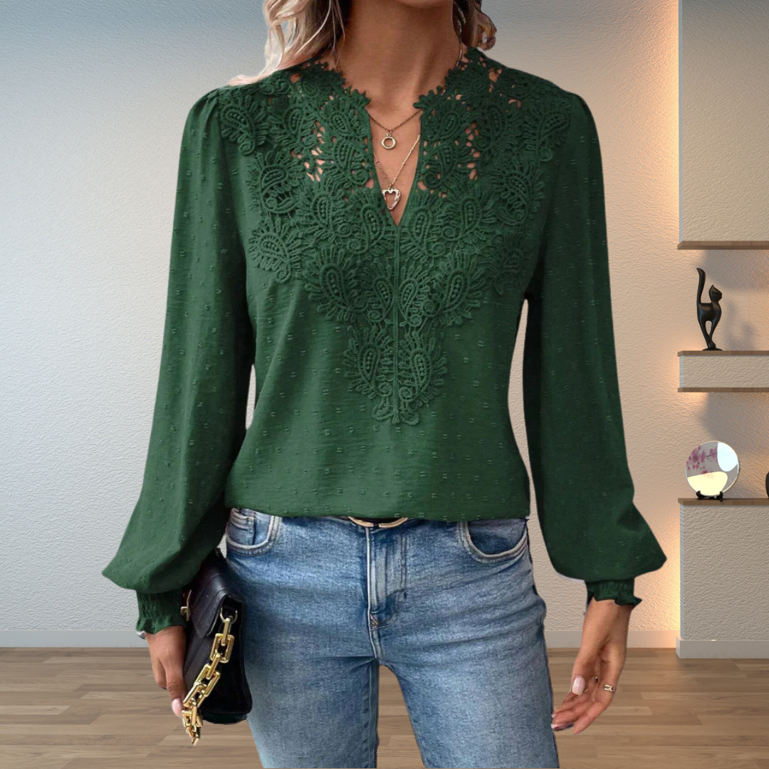 Rosemary-Nora | Women's Lace V-Neck Long-Sleeve Chiffon Top
