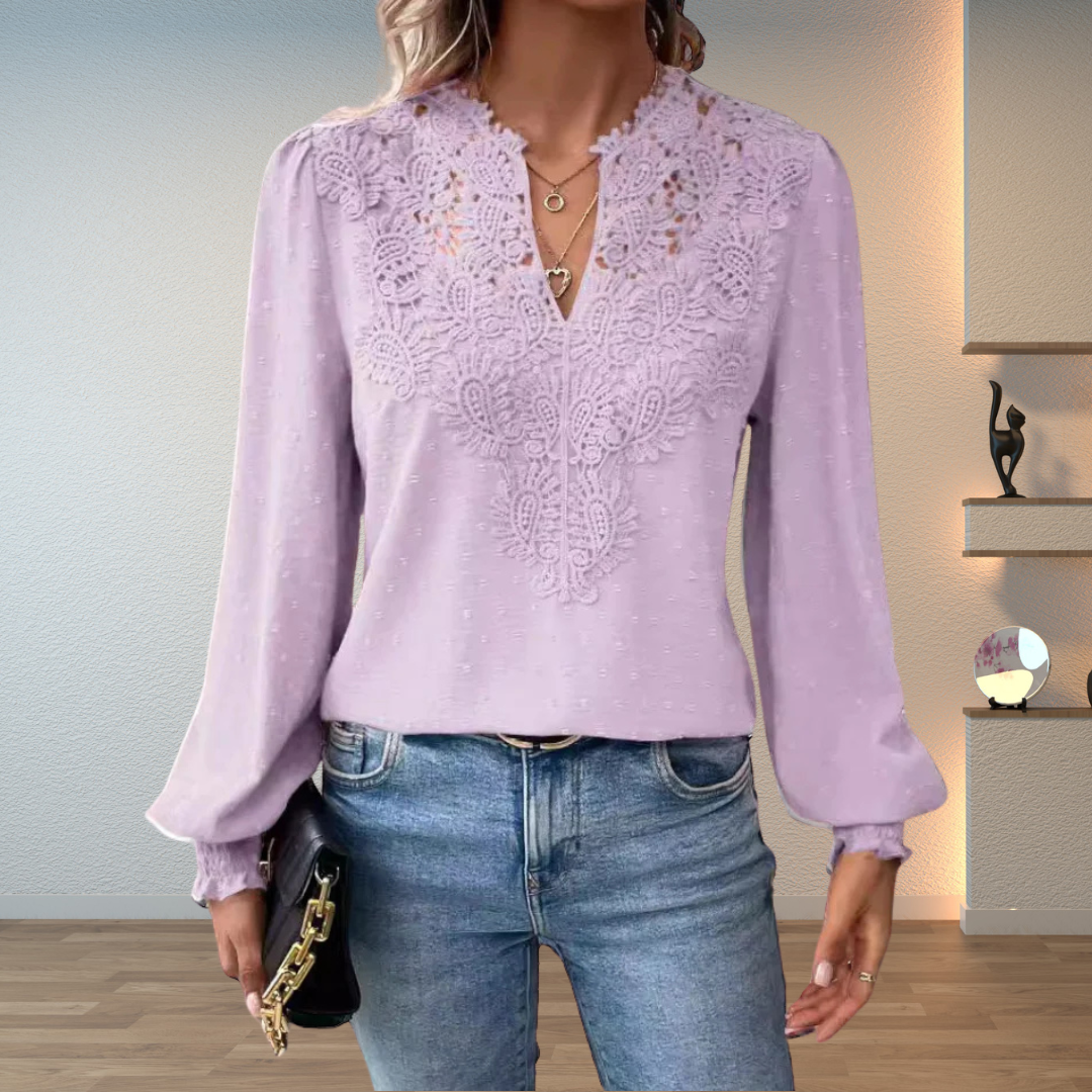 Rosemary-Nora | Women's Lace V-Neck Long-Sleeve Chiffon Top