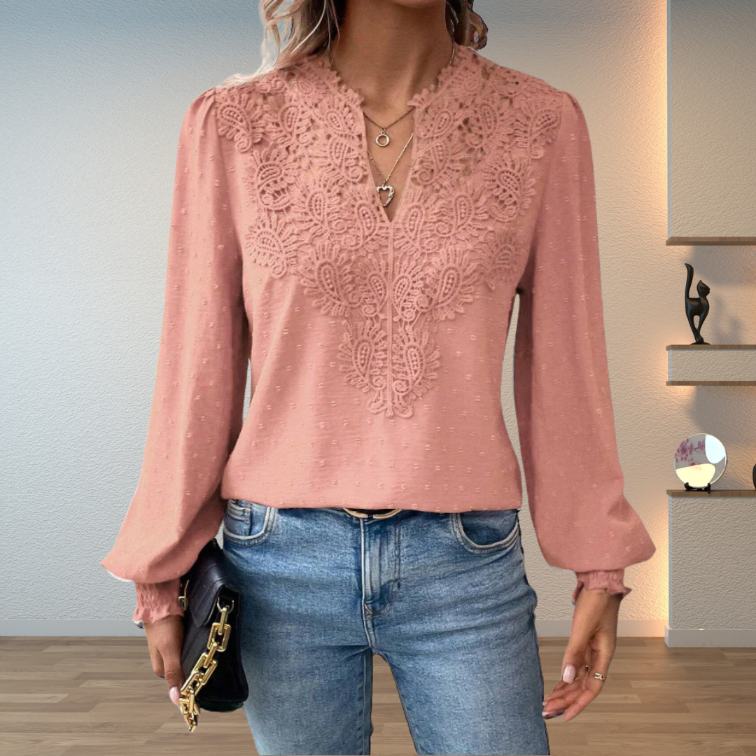 Rosemary-Nora | Women's Lace V-Neck Long-Sleeve Chiffon Top