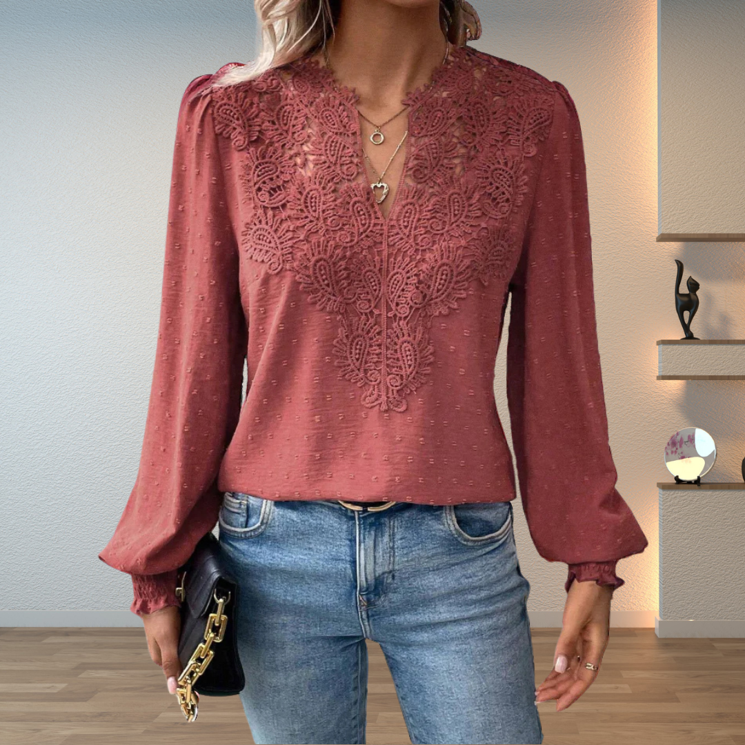 Rosemary-Nora | Women's Lace V-Neck Long-Sleeve Chiffon Top