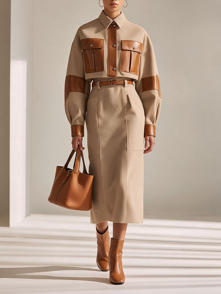 Johanna | Women's Leather-Panel Cropped Jacket & Midi Skirt Set