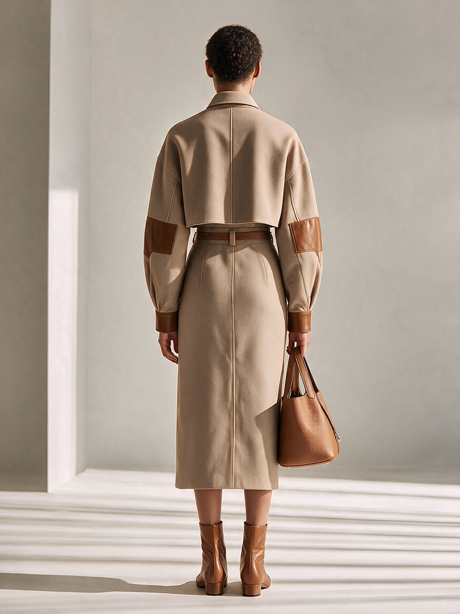 Johanna | Women's Leather-Panel Cropped Jacket & Midi Skirt Set