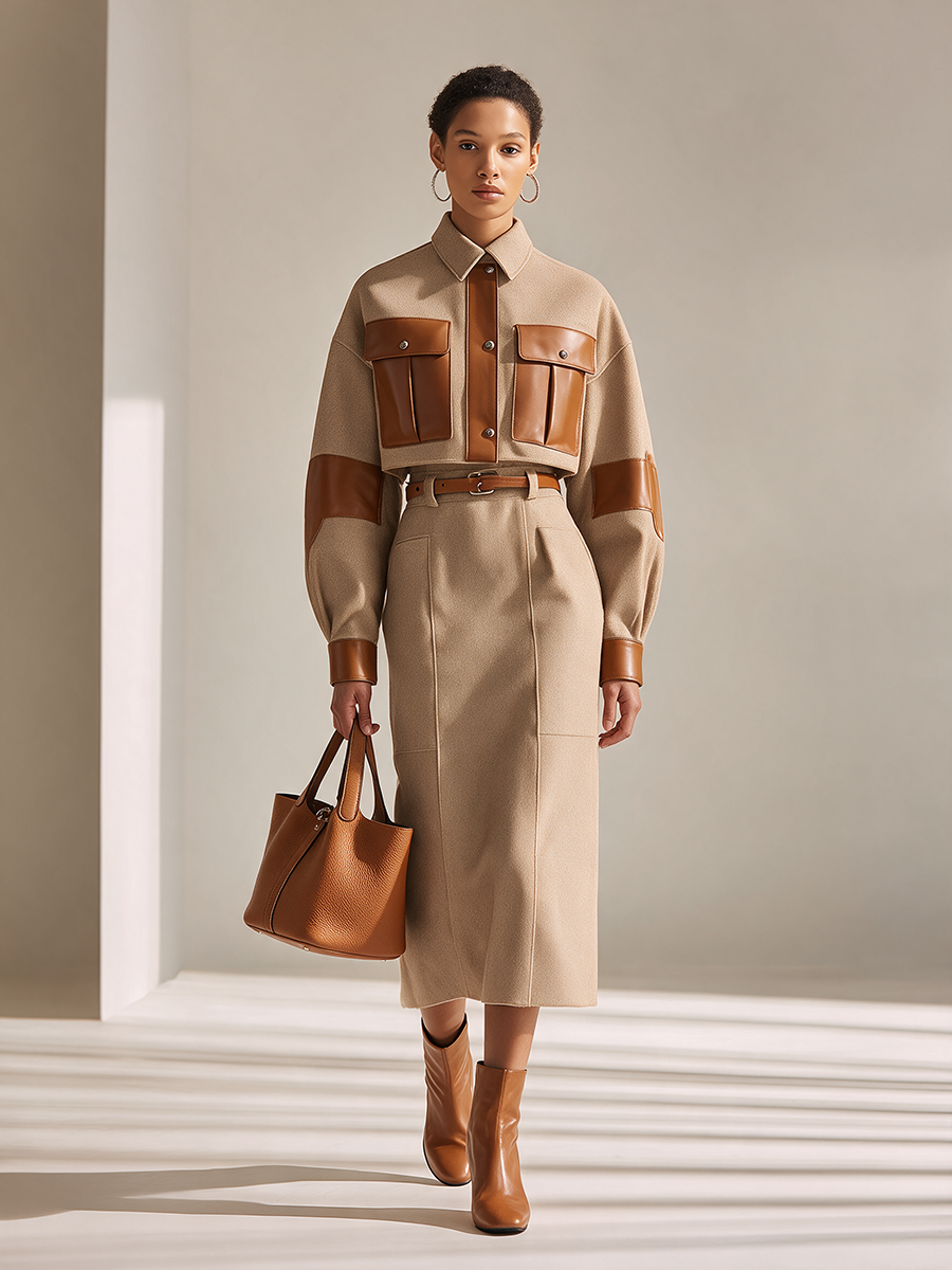 Johanna | Women's Leather-Panel Cropped Jacket & Midi Skirt Set