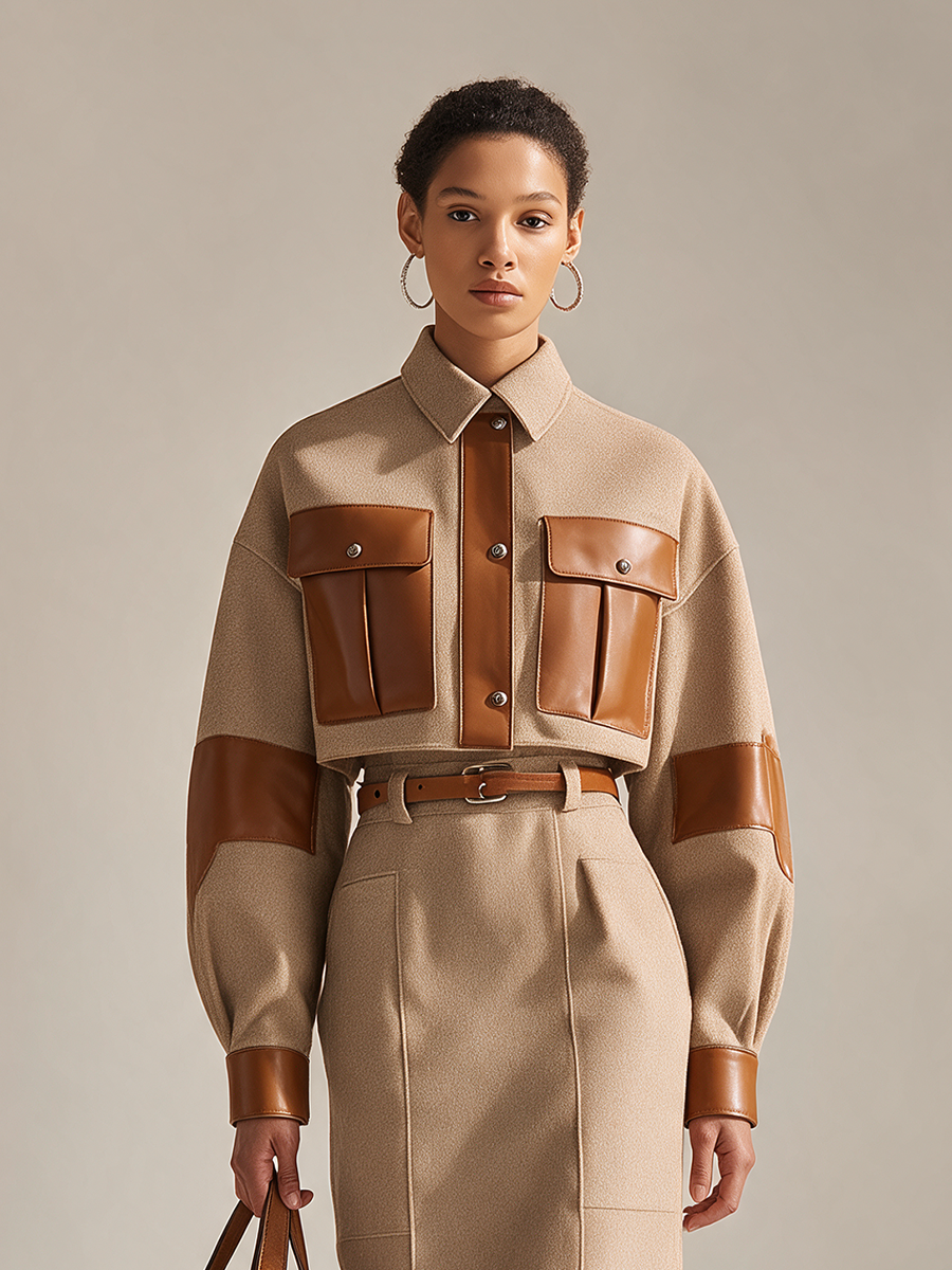 Johanna | Women's Leather-Panel Cropped Jacket & Midi Skirt Set