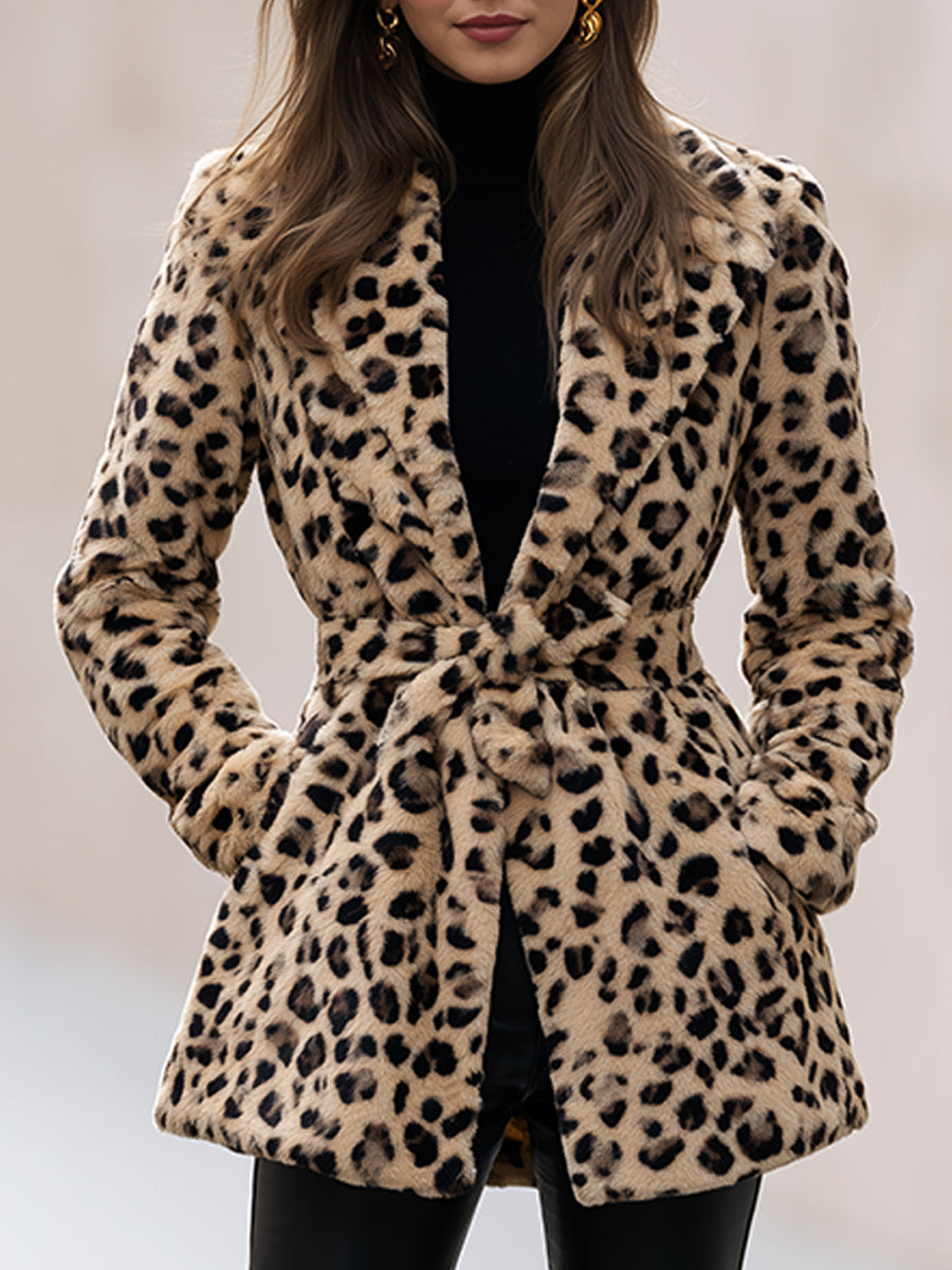 Magda-Veronica | Women's Leopard Faux Fur Belted Jacket