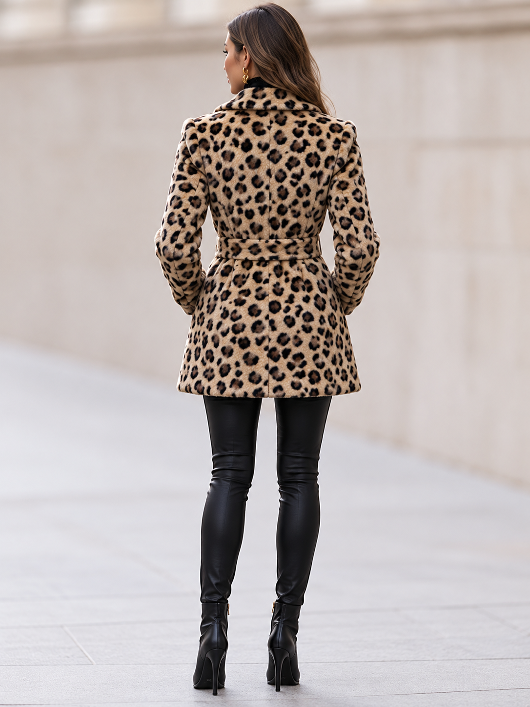 Magda-Veronica | Women's Leopard Faux Fur Belted Jacket