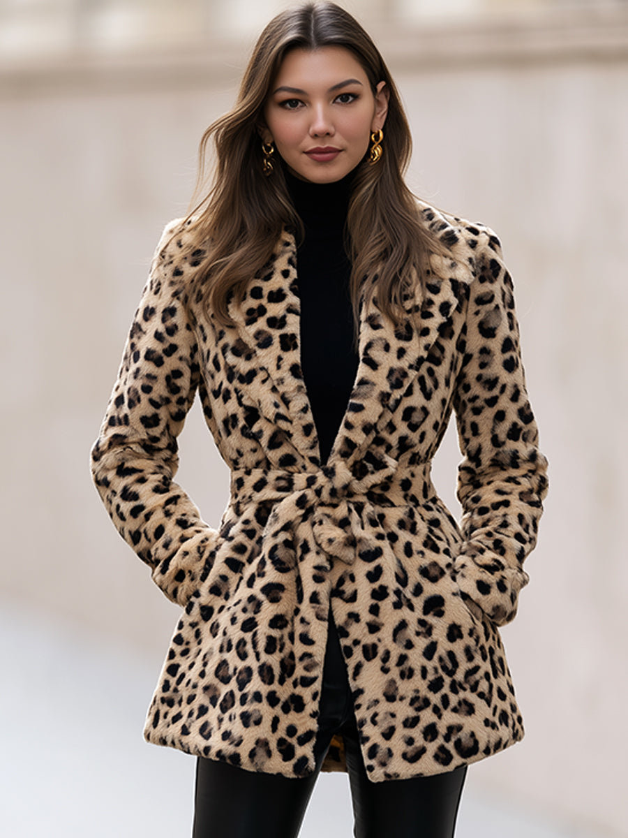 Magda-Veronica | Women's Leopard Faux Fur Belted Jacket