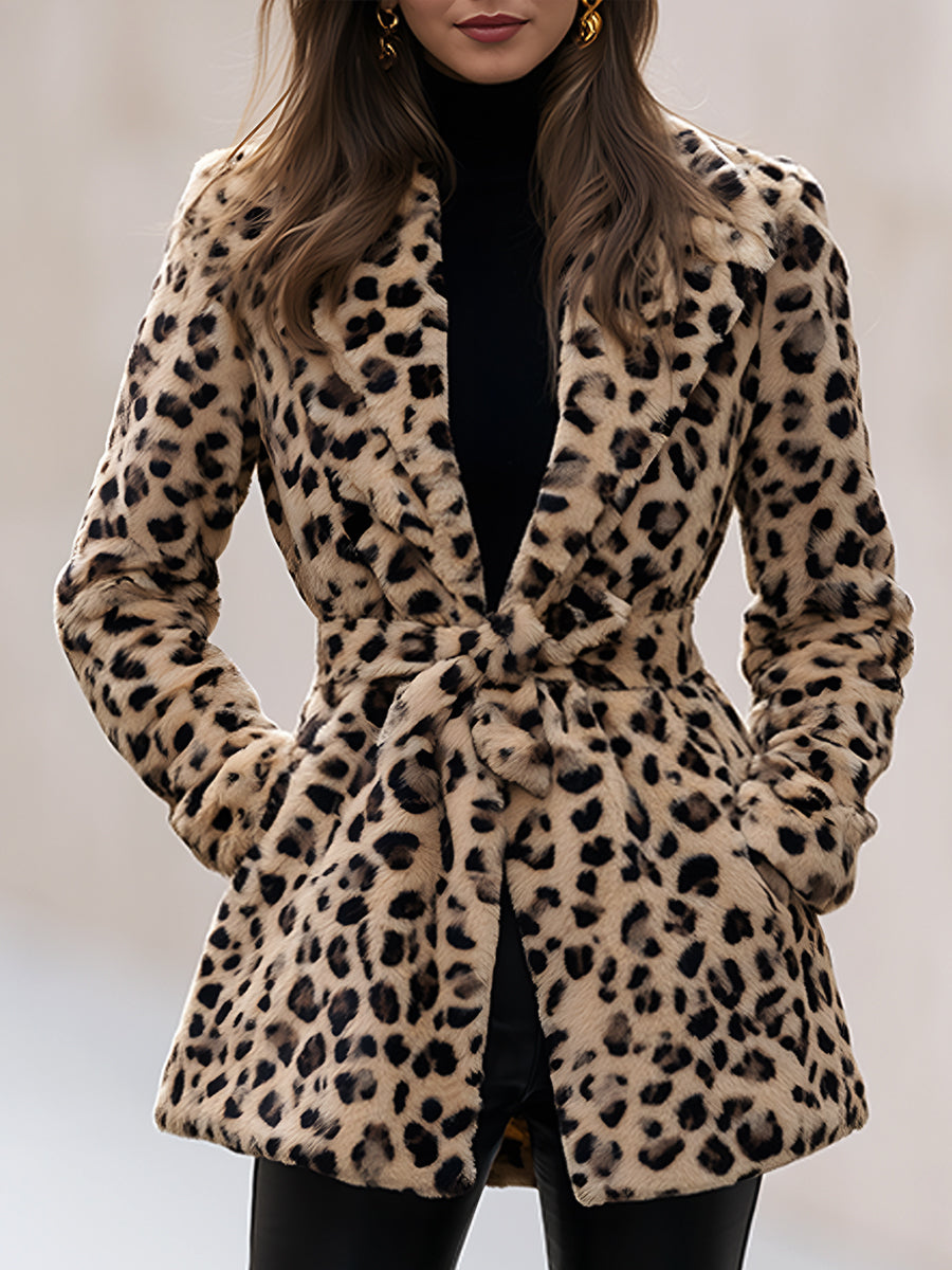 Magda-Veronica | Women's Leopard Faux Fur Belted Jacket