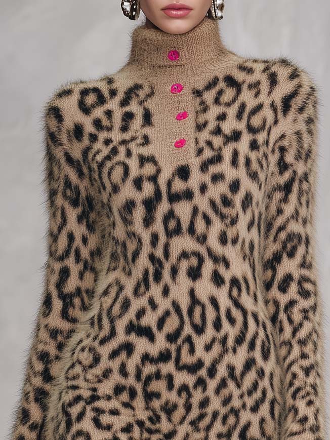 Madeline | Women's Leopard-Print Turtleneck Sweater Dress