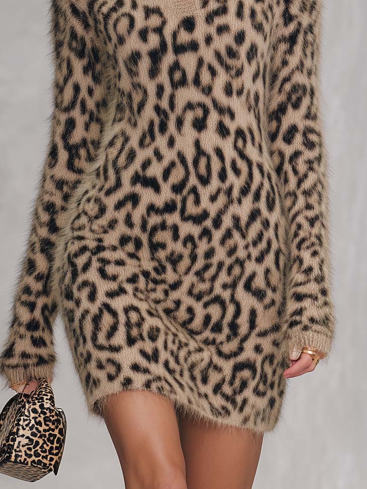 Madeline | Women's Leopard-Print Turtleneck Sweater Dress