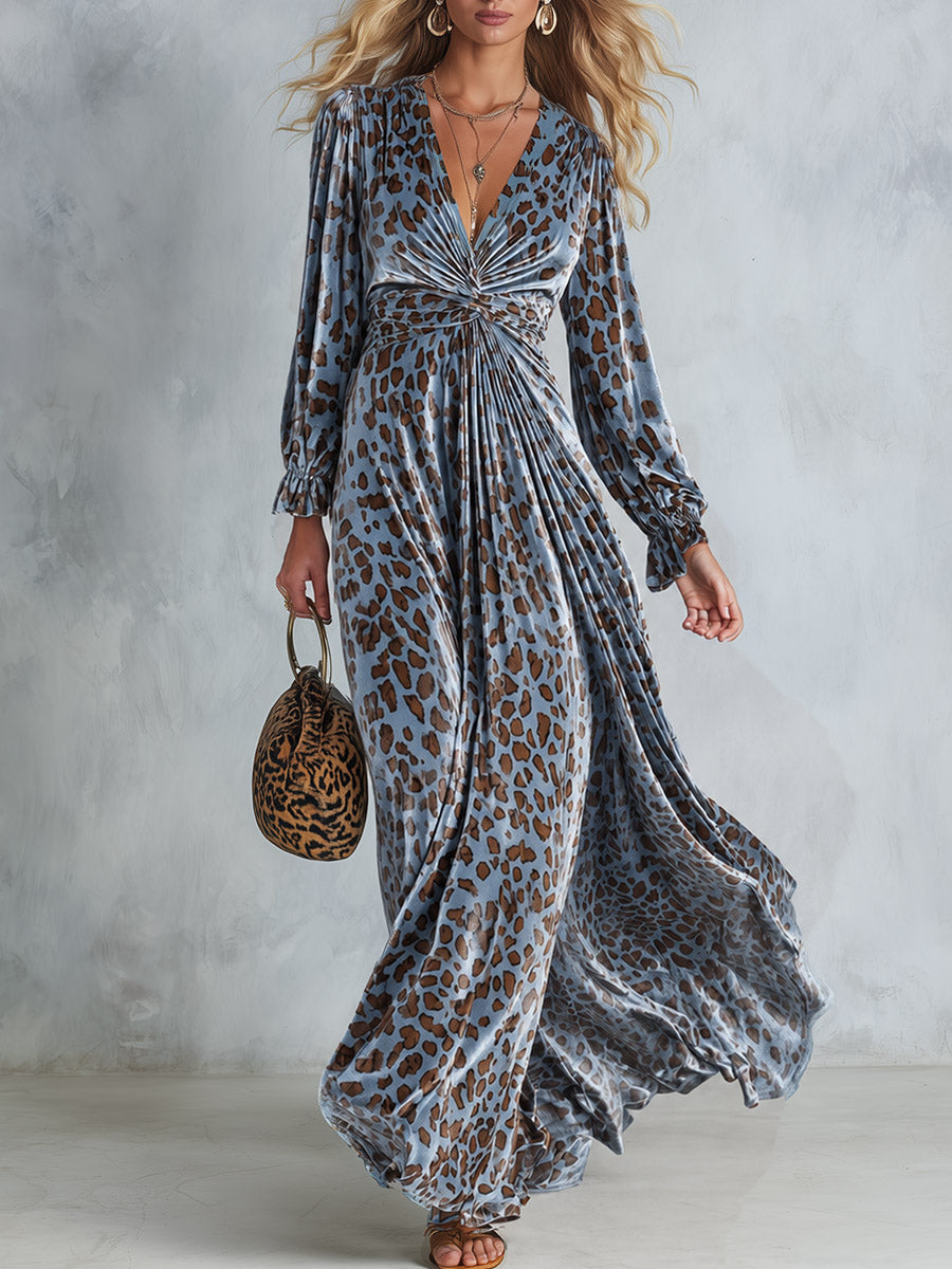 Agnes-Bernadette | Women's Leopard-Print Velvet V-Neck Maxi Dress