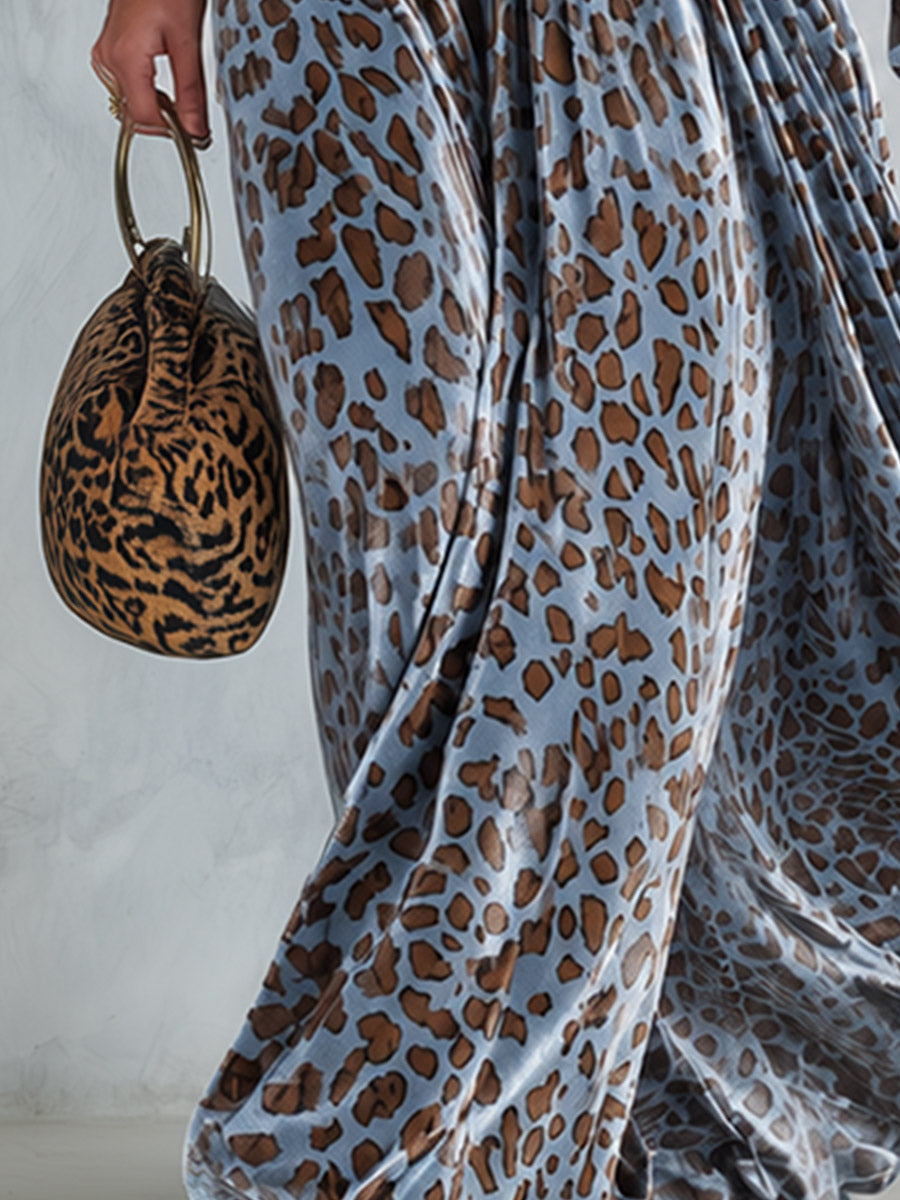 Agnes-Bernadette | Women's Leopard-Print Velvet V-Neck Maxi Dress
