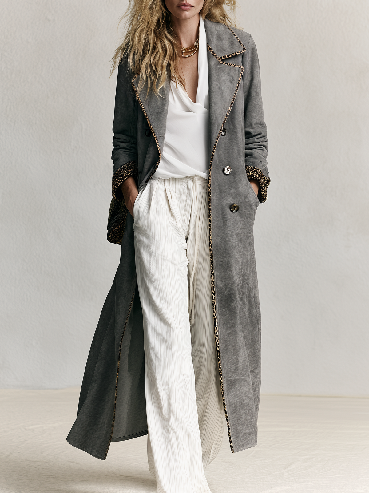 Wilhelmina | Women's Leopard-Trim Faux-Suede Trench Coat