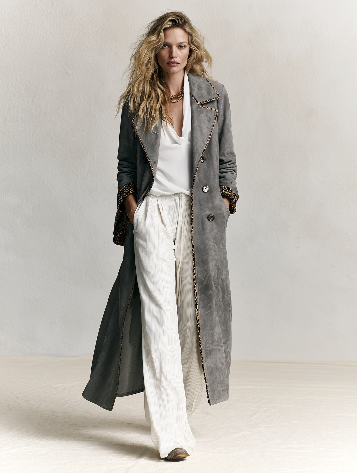 Wilhelmina | Women's Leopard-Trim Faux-Suede Trench Coat