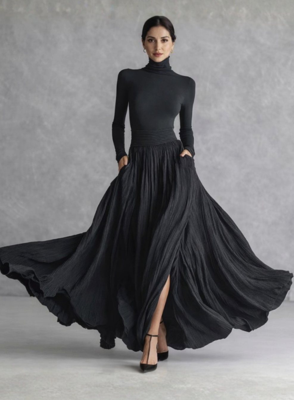 Vera | Women's Long Sleeve Turtleneck Pleated Maxi Dress with Pockets